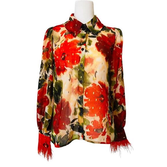 Love By Design Women's Sheer Floral Long Sleeve Fringe Button Front Blouse Small - Picture 1 of 10